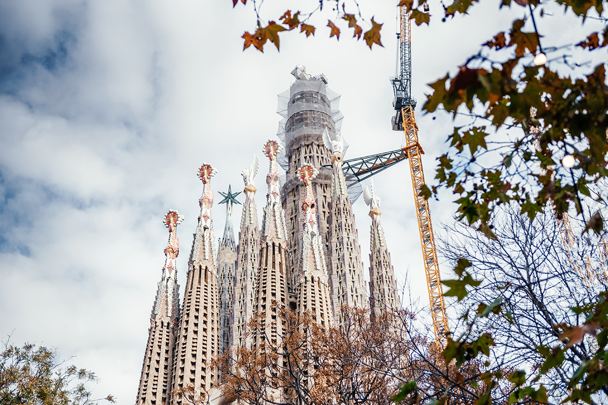 Barcelona Sagrada Familia spires and construction view from above