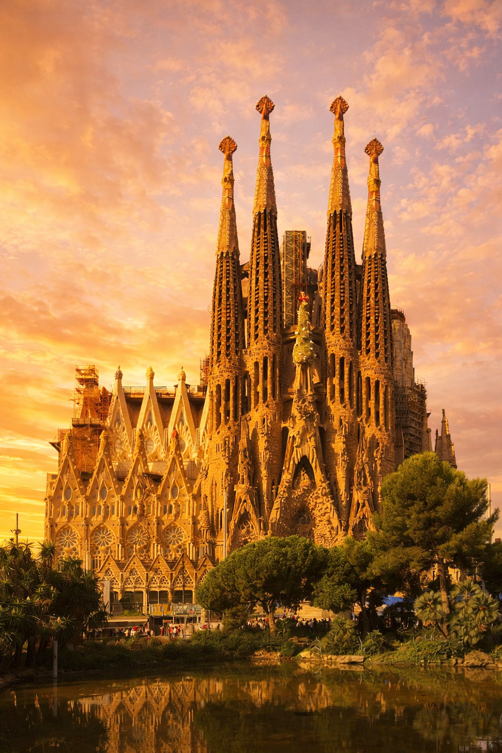 Barcelona Sagrada Familia towers sunset exterior view