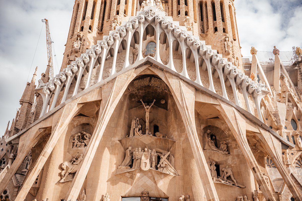 Sagrada Familia exterior detail and skyline view in Barcelona